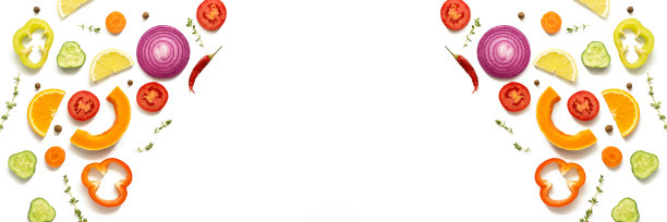 彩色的蔬菜和水果片在白色的背景上，孤立，边界。平铺，俯视图，拷贝空间。图片下载
