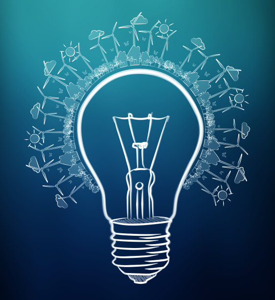 在蓝色背景上手绘可再生能源灯泡素描图片下载