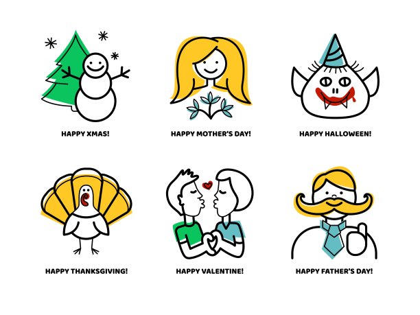 假日线艺术图标。圣诞节，母亲节，万圣节，感恩节，情人节，父亲节的标志。矢量插图孤立在白色背景。图片下载