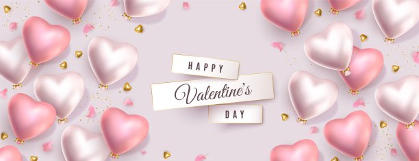 情人节横幅。3d粉色黄金银色心形气球，金色五彩纸屑，花瓣图片下载