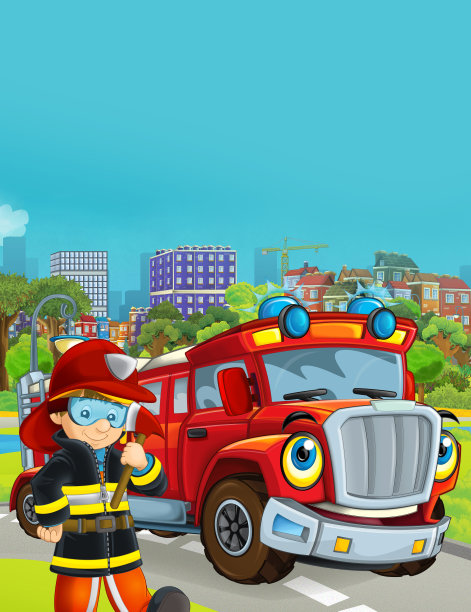 卡通场景中，消防员的车辆在道路上穿过城市，消防员站在旁边图片下载