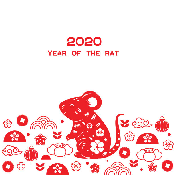 2020鼠年。中国新年设计的简约风格。装饰鼠生肖和传统符号边界..印刷节日卡，日历封面图片下载
