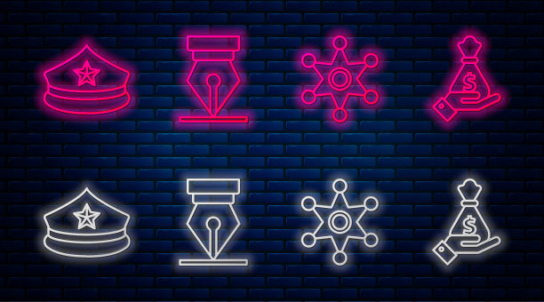 钢笔笔尖，六角警长，警察帽，带帽徽，手拿钱袋。砖墙上发光的霓虹灯图标。向量图片下载