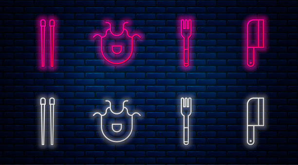 配套厨房围裙、餐叉、餐筷、切肉刀。砖墙上发光的霓虹灯图标。向量图片下载