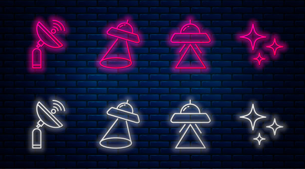 摆线飞碟飞行飞船，飞碟飞行飞船，雷达，陨星。砖墙上发光的霓虹灯图标。向量图片下载