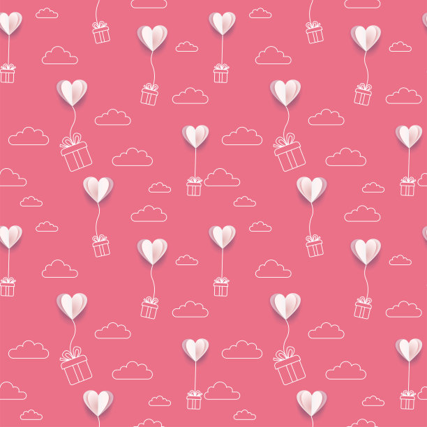 情人节纸把心形气球与线条艺术礼盒和云彩背景。无缝模式的快乐母亲或情人节贺卡的设计。矢量3d和平面插图图片下载