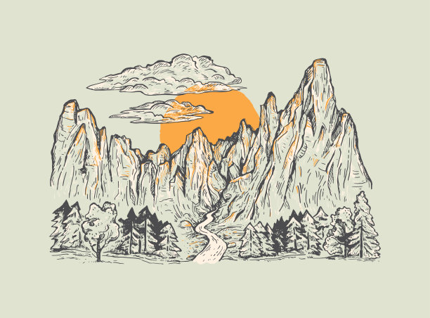 画有森林、溪流、日出或日落的山。浪漫的向量景观。图片下载