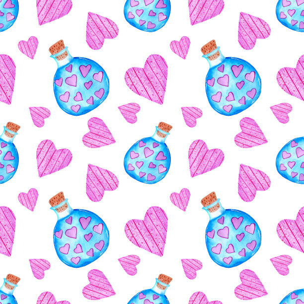 水彩无缝图案与蓝色玻璃罐和粉红色的心图片下载