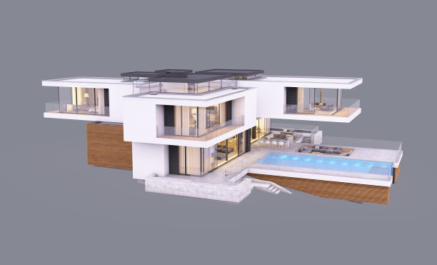 3D渲染：灰色背景下，傍晚河边的现代住宅图片下载