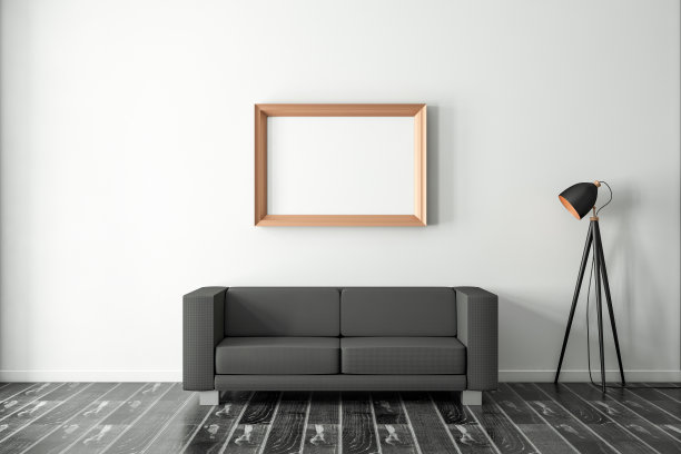 水平框架海报模型悬挂在黑色沙发上图片下载