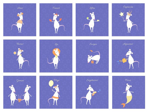 一套有趣和可爱的卡通矢量生肖与白色的老鼠或老鼠的符号2020年。白羊座、金牛座、双子座、巨蟹座、狮子座、处女座、天秤座、天蝎座、射手座、摩羯座、水瓶座、双鱼座。图片下载