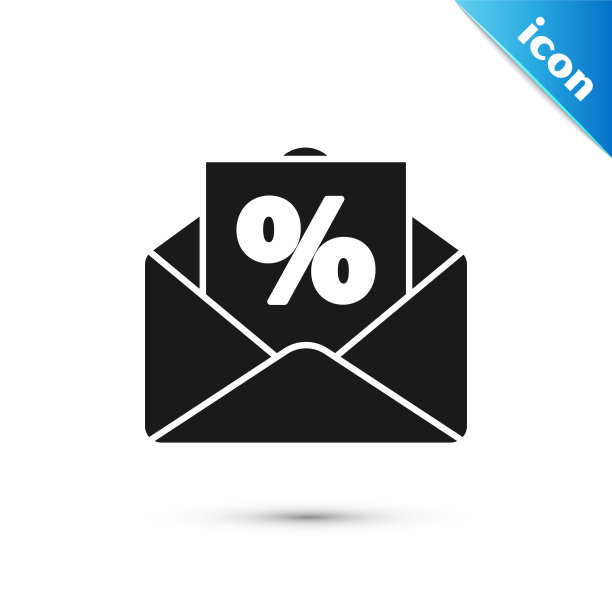 黑色信封与利息折扣从商店图标孤立在白色背景。矢量图图片下载