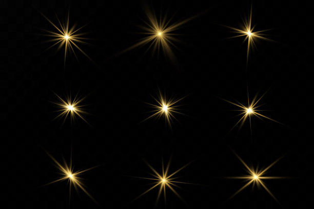 在透明的背景上的一组闪光，灯光和闪光。明亮的金色闪烁着。抽象的金色光孤立明亮的光线图片下载