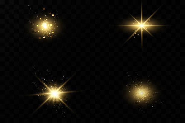在透明的背景上的一组闪光，灯光和闪光。明亮的金色闪烁着。抽象的金色光孤立明亮的光线图片下载