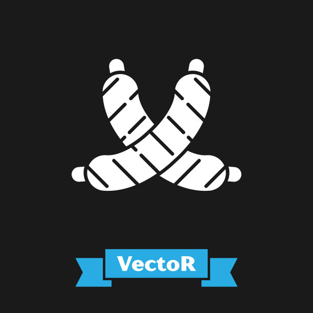 白色交叉香肠图标孤立在黑色背景。烤香肠和香气的标志。矢量图图片下载