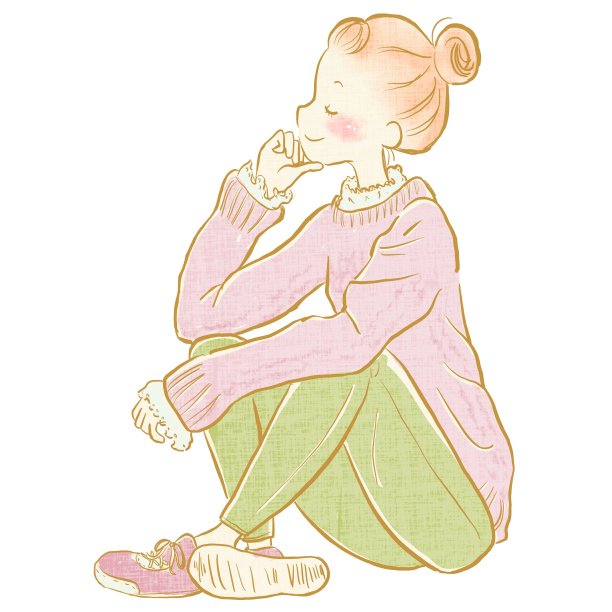 女子坐在地上，白色背景上有一幅全身像图片下载