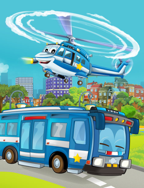 卡通场景，警车在路上，直升机在飞行图片下载