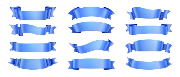 蓝色的丝带。现实的丝带收集孤立。矢量优雅波浪装饰元素与滚动形状的庆祝标签横幅设计图片下载