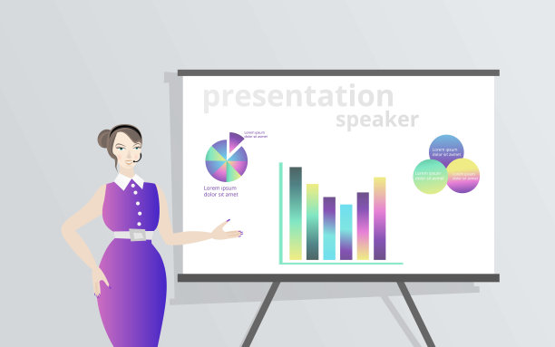 卡通美女演讲者在带有图表的板子旁，商务女士，矢量插画图片下载