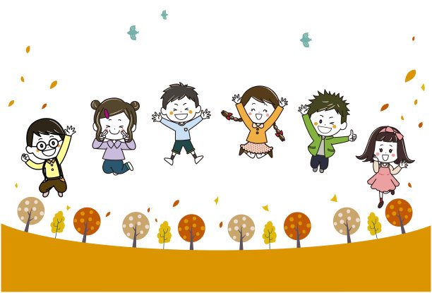 这是一幅儿童在秋天散步道上跳跃的插图图片下载