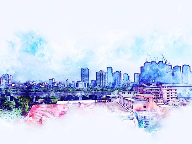 抽象办公楼以城市建筑为背景绘制水彩画。城市上的数字插画刷艺术。图片下载