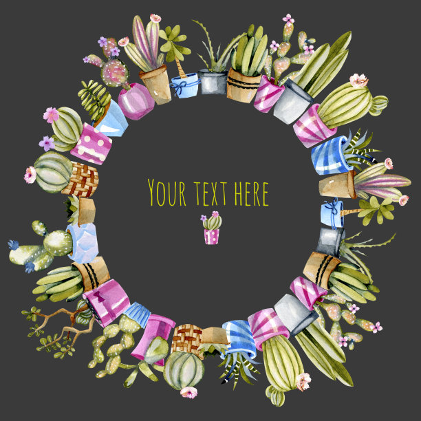 花盆中的仙人掌水彩花环，在黑暗的背景上手绘图片下载