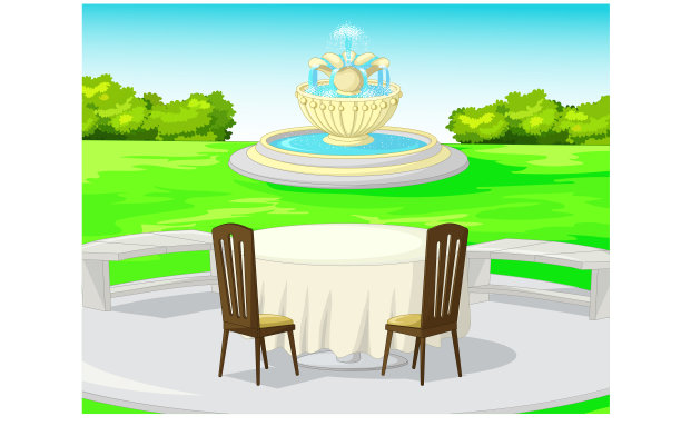 凉爽的公园庭院草地与桌子，椅子，和水喷泉卡通图片下载