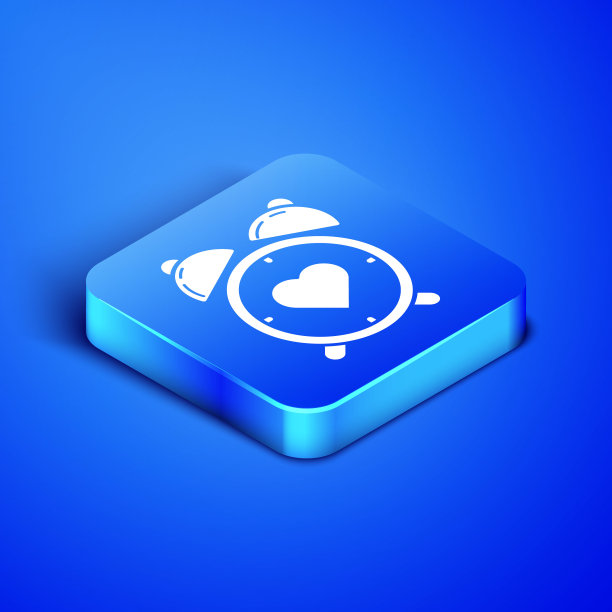 等距心脏在中心闹钟图标孤立在蓝色背景。情人节。蓝色方块按钮。矢量图图片下载