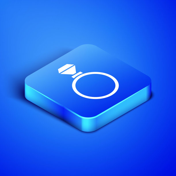 等距婚戒图标孤立在蓝色背景。新娘和新郎的珠宝标志。婚姻的象征。钻石戒指。蓝色方块按钮。矢量图图片下载