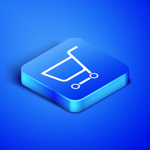 等距购物车图标隔离在蓝色背景。网上购物的概念。送货服务信号。超市篮的象征。蓝色方块按钮。矢量图图片下载