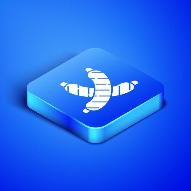 等距交叉香肠图标孤立在蓝色背景。烤香肠和香气的标志。蓝色方块按钮。矢量图图片下载