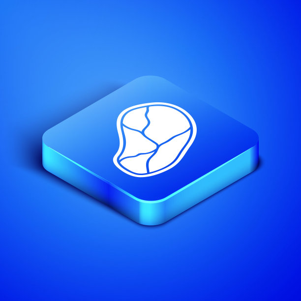 等距牛排肉图标孤立在蓝色背景。蓝色方块按钮。矢量图图片下载