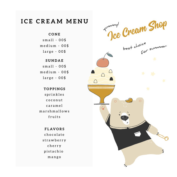 一个菜单模板的商店或咖啡馆与手绘矢量插图的小可爱的北极熊与冰淇淋。图片下载
