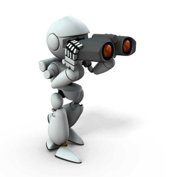 人工智能机器人正在使用双筒望远镜展望未来。白色背景。3 d演示。图片下载