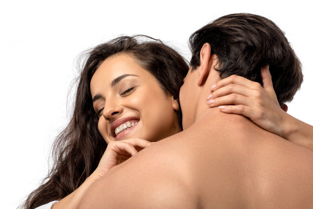 背影性感的男人亲吻和拥抱微笑的女孩，孤立在白色图片下载