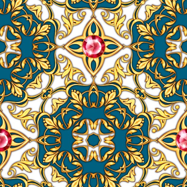 无缝黄金巴洛克图案与宝石图片下载
