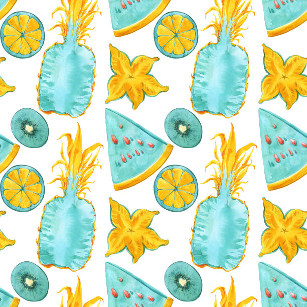 热带水果无缝图案。时尚夏季颜色异国水果套装。明亮的彩色霓虹灯抽象背景。菠萝、猕猴桃、山竹、杨桃、蓝薄荷黄印花布纺织品图片下载
