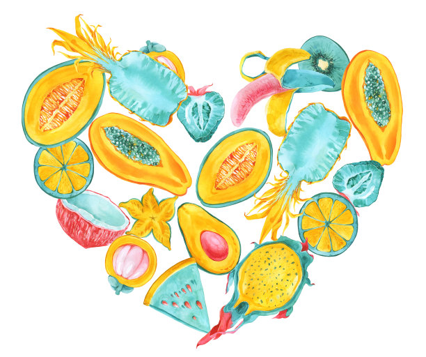 热带水果心形框架。时尚的夏天颜色异国水果边界。火龙果，火龙果，山竹果，杨桃，香蕉，杨桃，木瓜，鳄梨。薄荷，黄色，红色，粉色卡片印刷图片下载