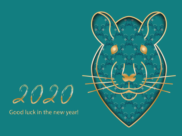 2020年中国新年卡片，以金线鼠头生肖和绿色背景上的花朵纹理。矢量插图。图片下载