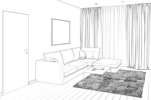 客厅素描，沙发，茶几，画，门和窗。图片下载