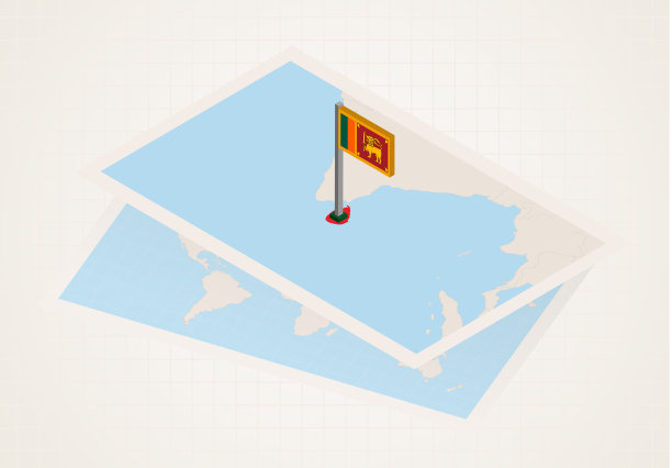 斯里兰卡在地图上用等距斯里兰卡国旗选择。图片下载
