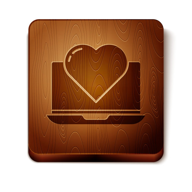棕色笔记本电脑与心脏图标孤立在白色背景。情人节。木制方形按钮。矢量图图片下载