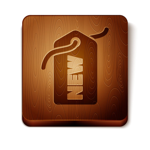 棕色价格标签与铭文新的图标孤立在白色背景。徽章的价格。折扣促销标签。木制方形按钮。矢量图图片下载