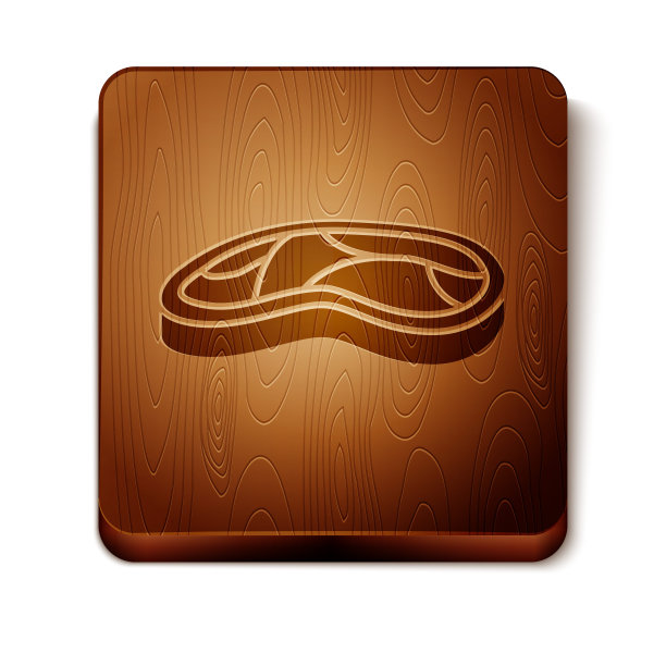 棕色牛排肉图标孤立在白色背景。木制方形按钮。矢量图图片下载