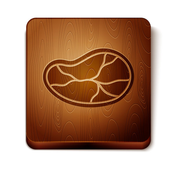 棕色牛排肉图标孤立在白色背景。木制方形按钮。矢量图图片下载