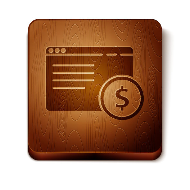 棕色在线购物屏幕上的图标孤立在白色背景。概念电子商务、电子商务、网上商务营销。木制方形按钮。矢量图图片下载