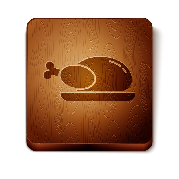 棕色烤火鸡或鸡肉图标孤立在白色背景。木制方形按钮。矢量图图片下载