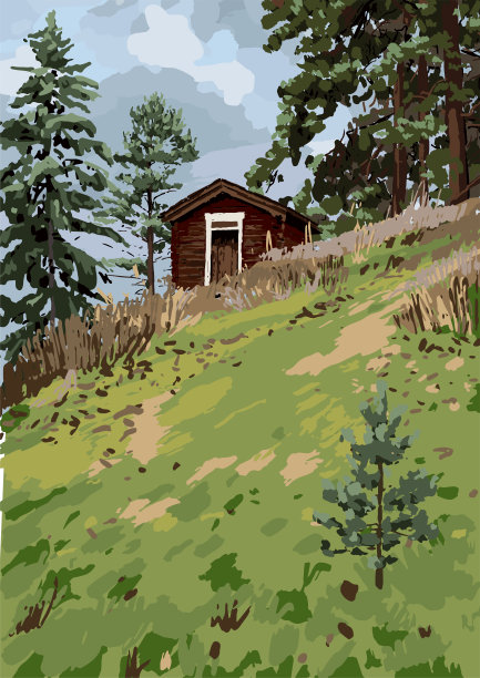 斯堪的纳维亚景观与传统的木屋在山坡上被针叶树和灌木丛包围图片下载