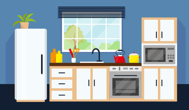 厨房内部有设备和窗户。矢量插图。图片下载