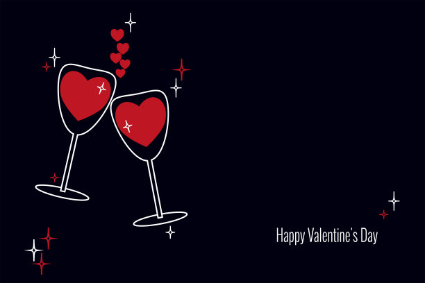 两个高脚杯，上面放着热恋中的心型红酒，背景是深蓝色。矢量插图与地方的文字节日情人节，婚礼的生日邀请。图片下载